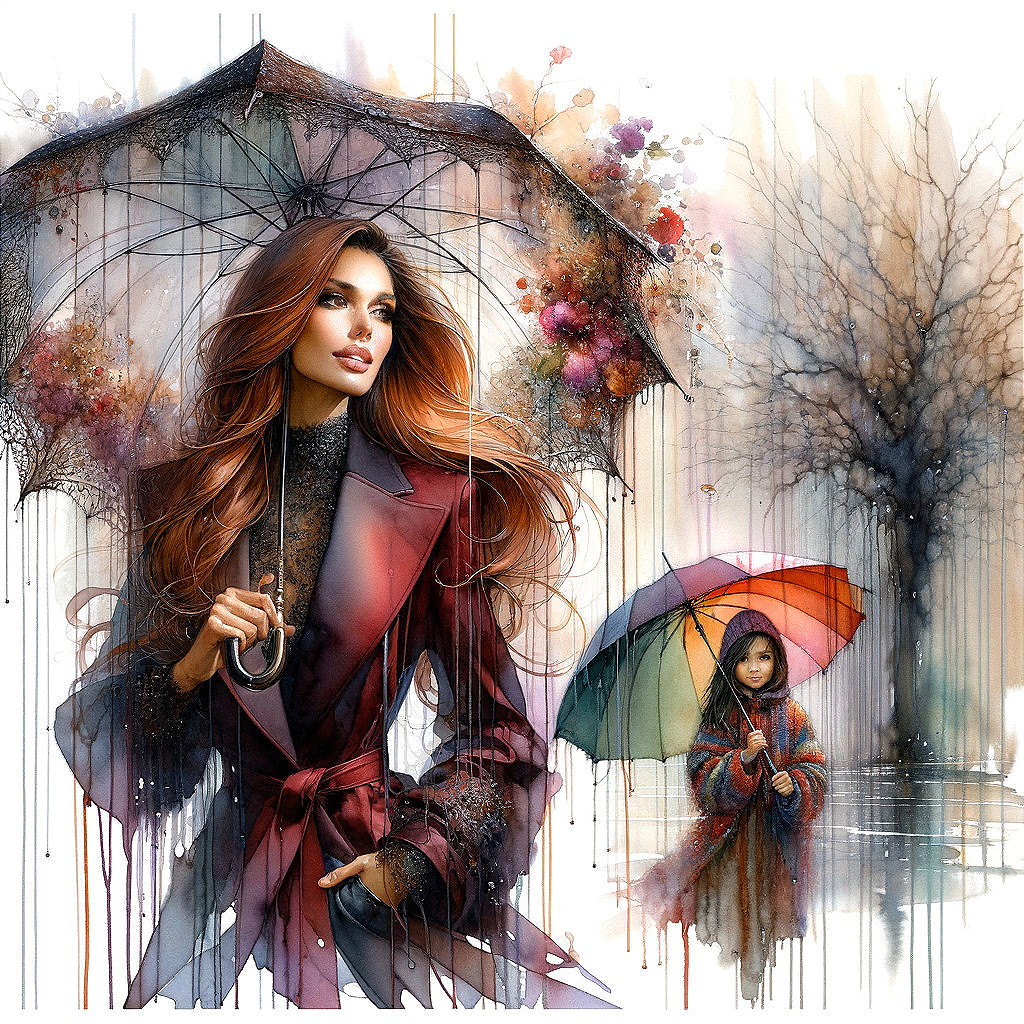Woman with Umbrella and Child in Colorful Scene