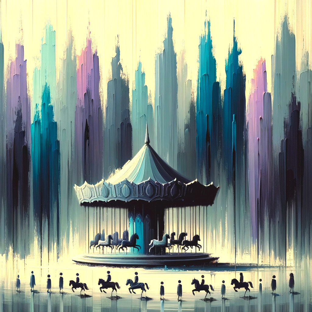 Whimsical Carousel Surrounded by Abstract Pastel Forms