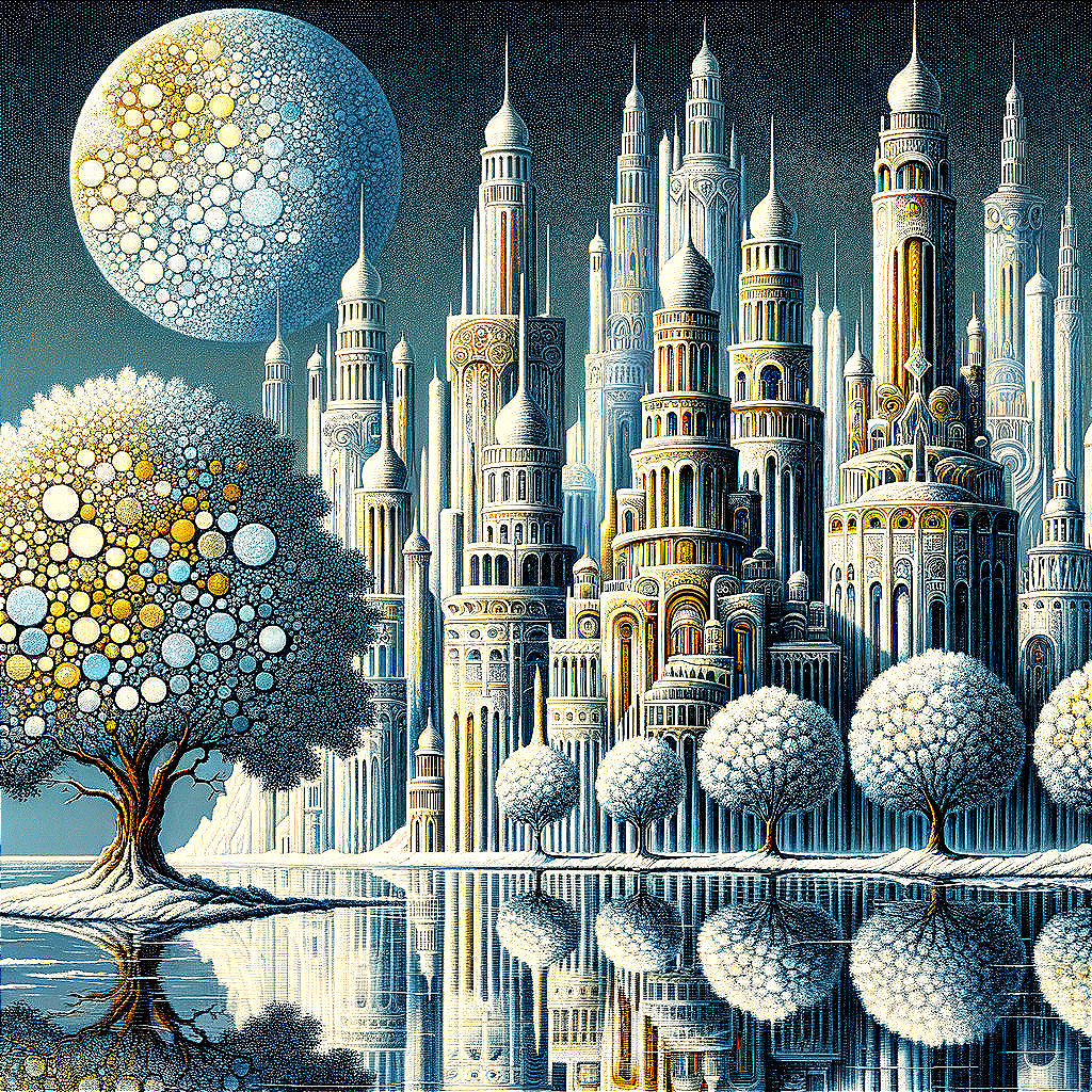 Surreal Landscape with Intricate Cityscape and Moon