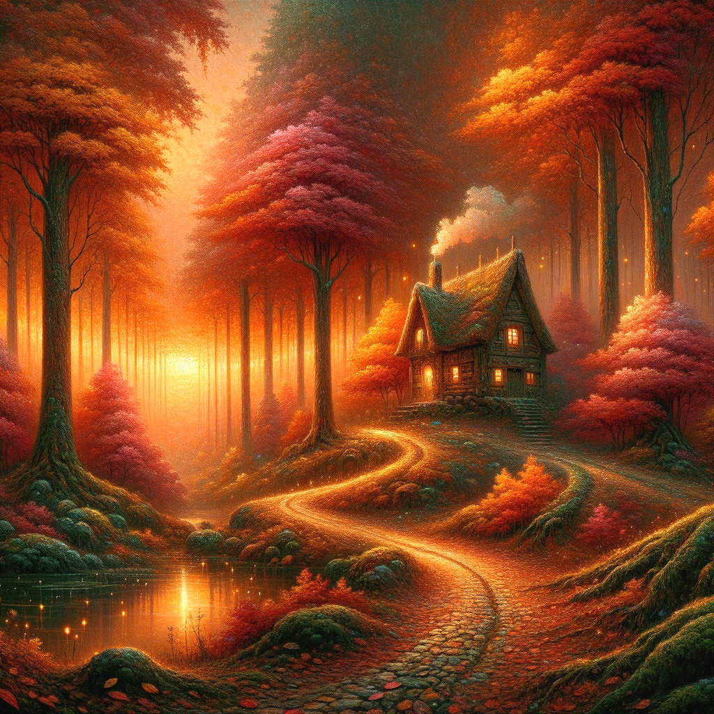 Charming Cottage in Vibrant Autumn Forest Scene
