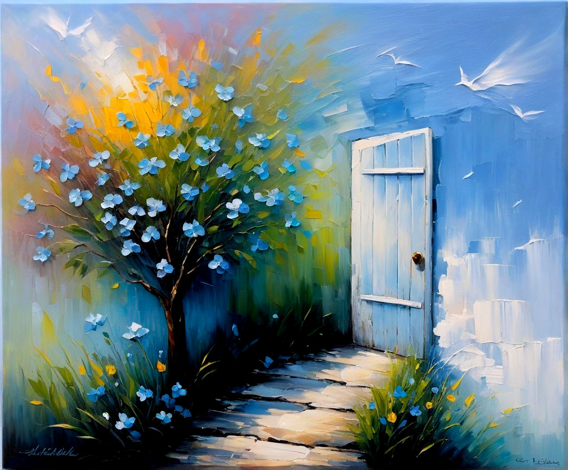 Open Blue Door Surrounded by Pastel Colors and Nature