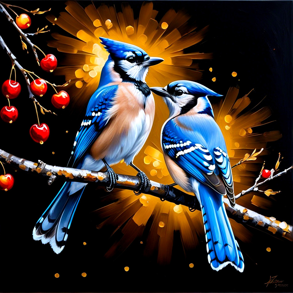 Blue jays on a cherry blossom branch with light bursts