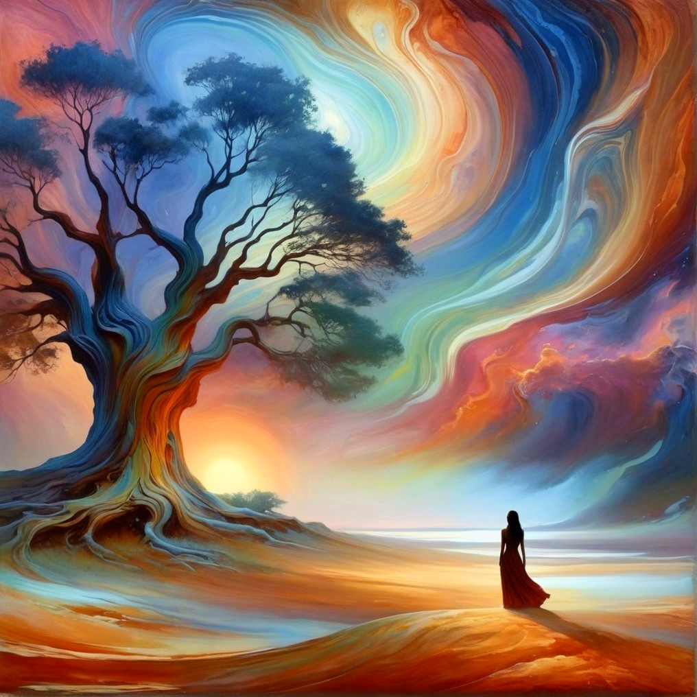 Vibrant Landscape with Majestic Tree and Cosmic Sky