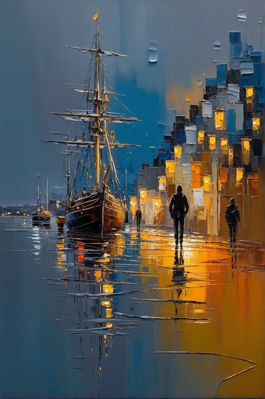 Impressionistic Oil Painting of a Tall Ship at Twilight