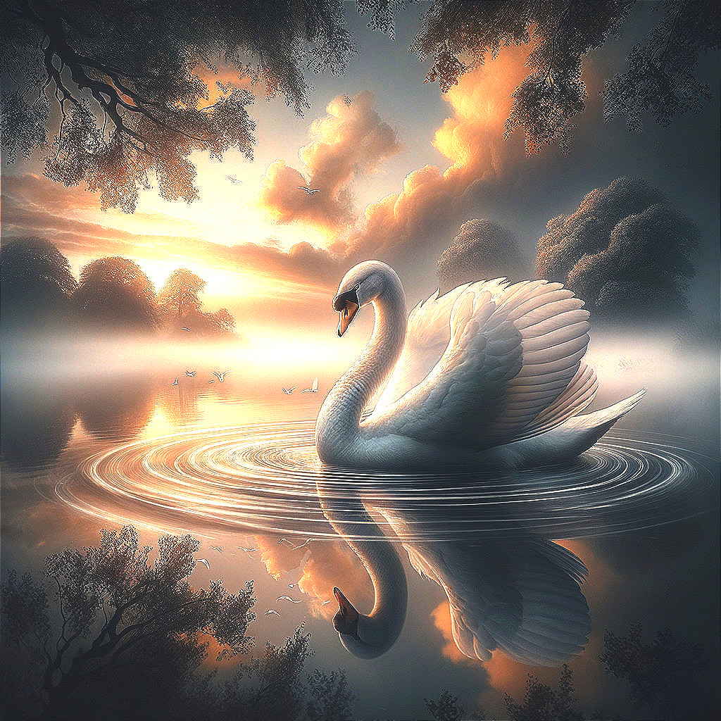 Swan Gliding on Tranquil Lake at Sunset