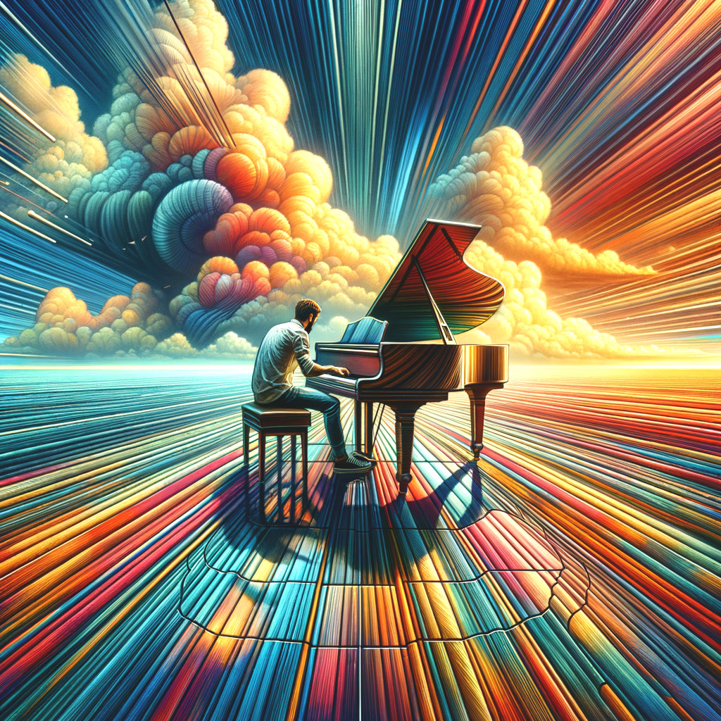 Musician at Grand Piano in Colorful Surreal Scene