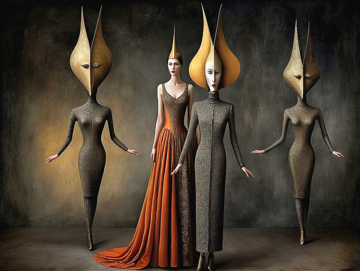 Surreal Fashion Scene with Elongated Head Figures