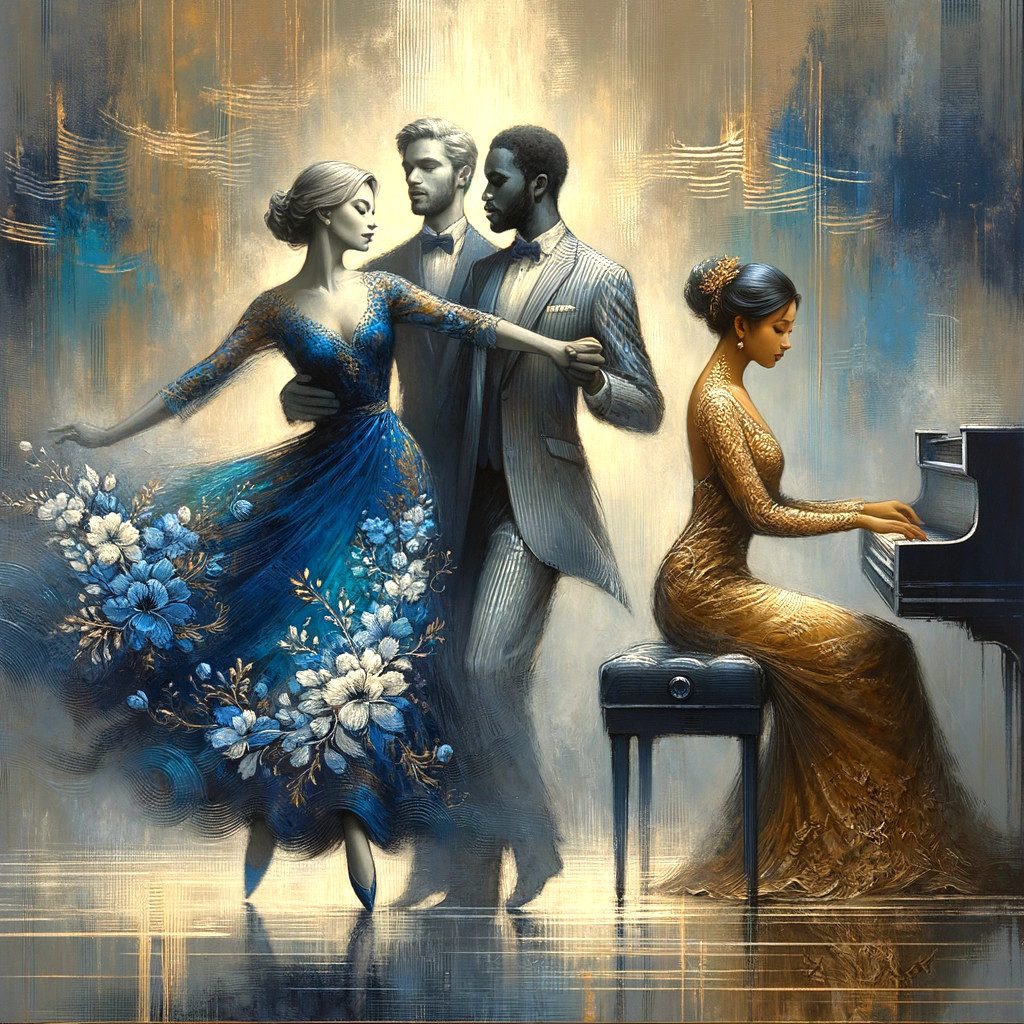 Elegant Couples Dancing and Playing Piano in Art Scene