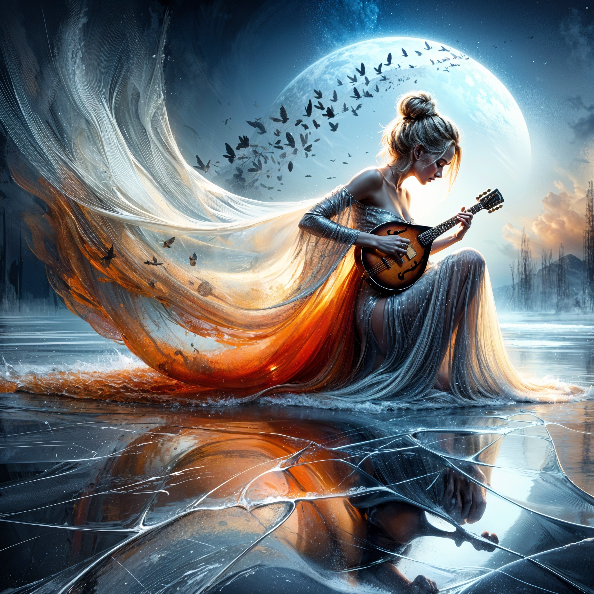 Serene Figure Playing Mandolin in Ethereal Landscape