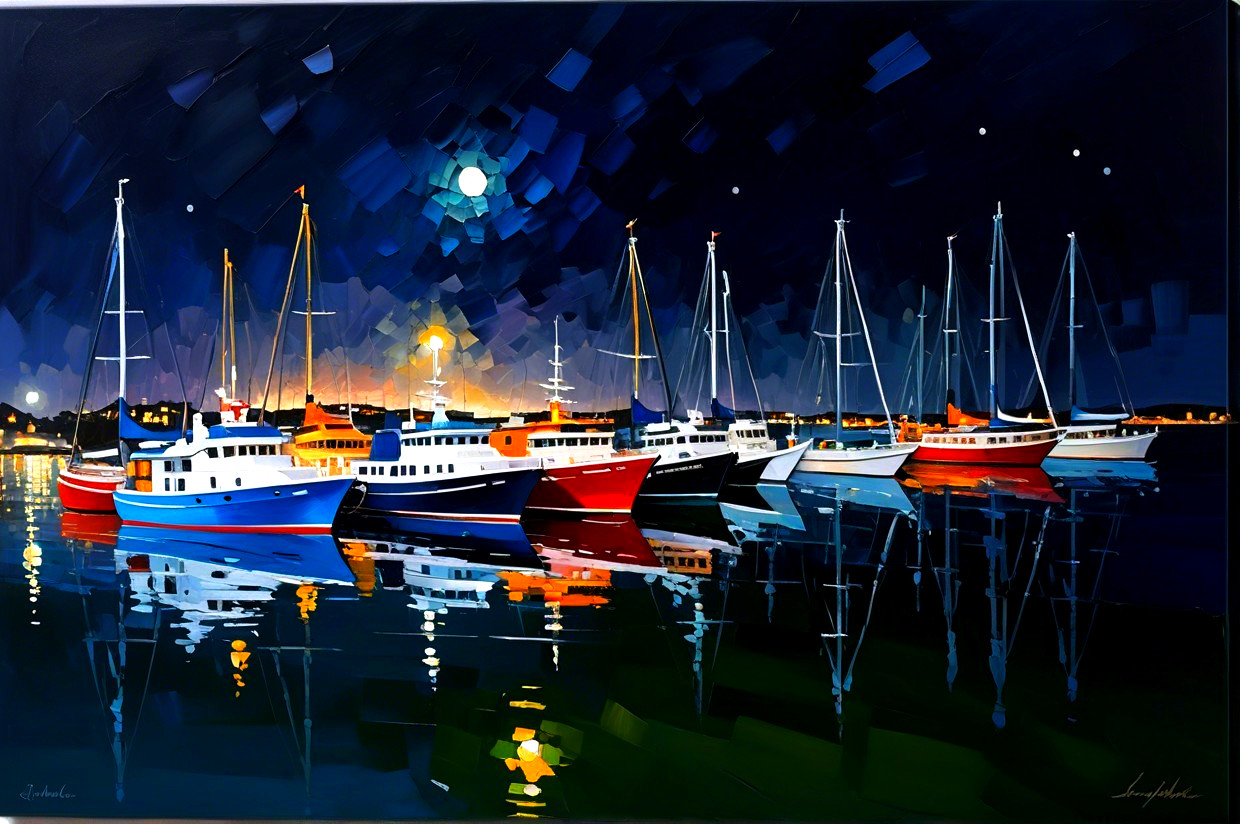 Vibrant Nighttime Harbor Scene with Colorful Boats