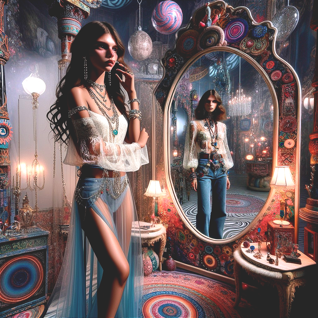 Stylish Young Woman in Ornate Colorful Room