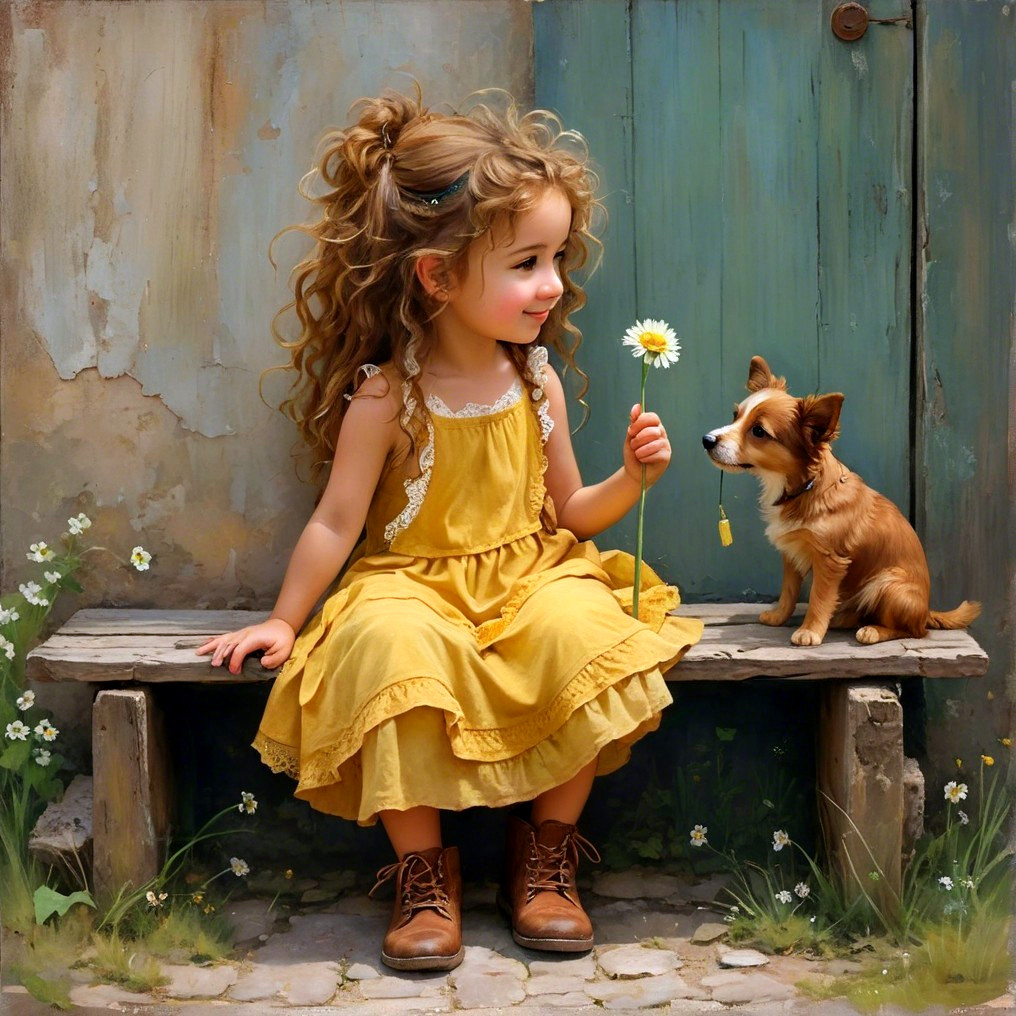 Young girl in yellow dress with dog on wooden bench
