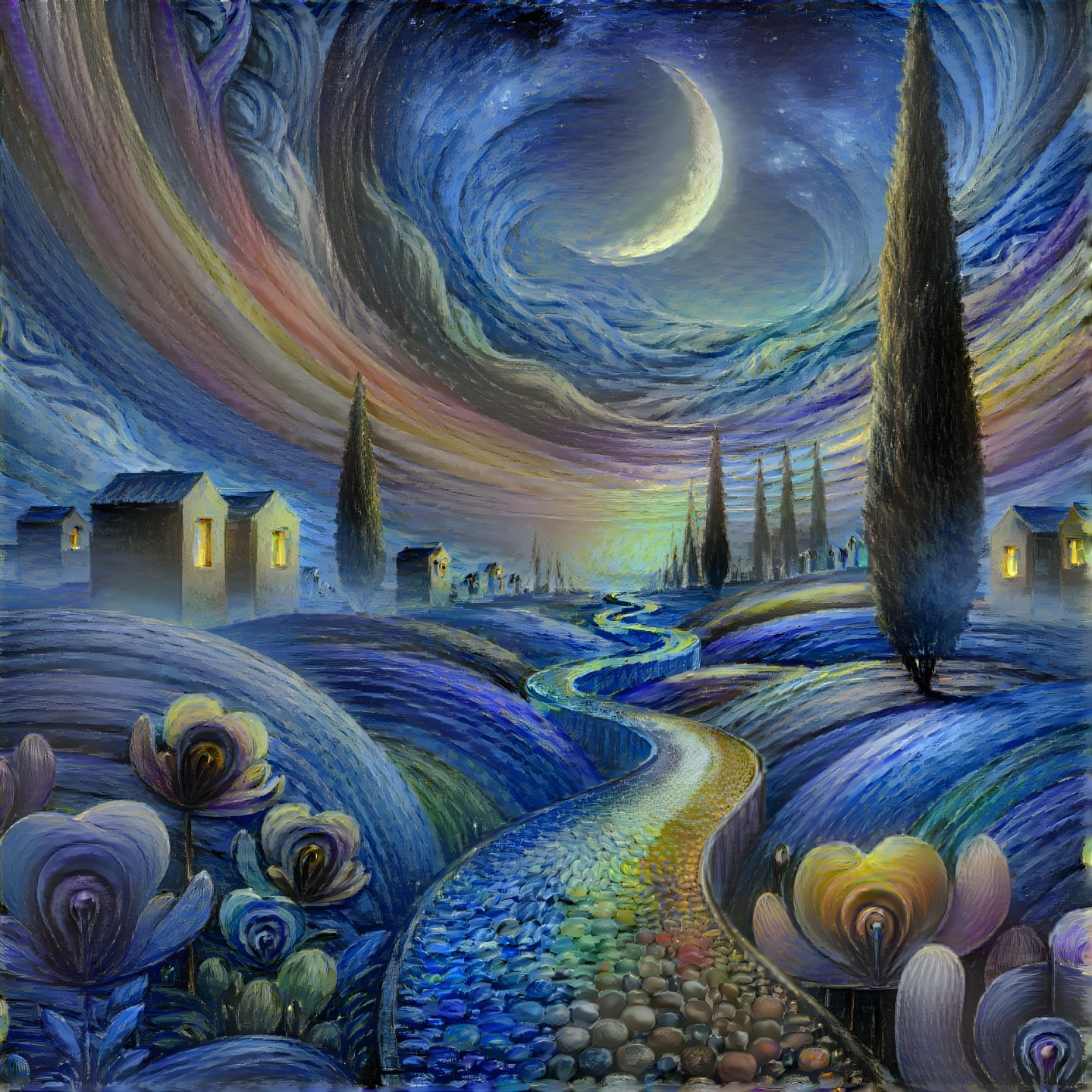Whimsical Landscape with Starry Night Sky and Moon