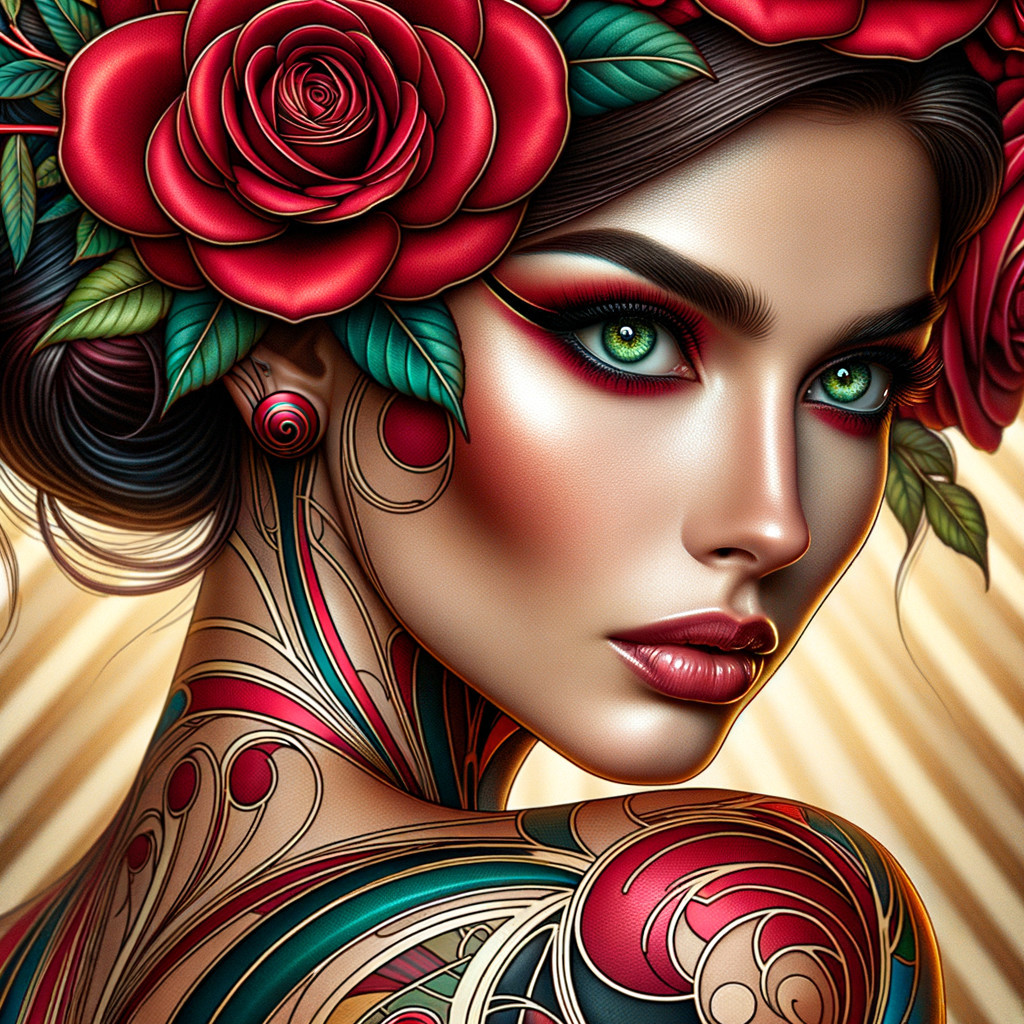 Portrait of a Woman with Green Eyes and Tattoos