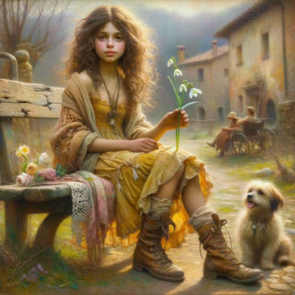 Young girl in yellow dress with dog in village setting
