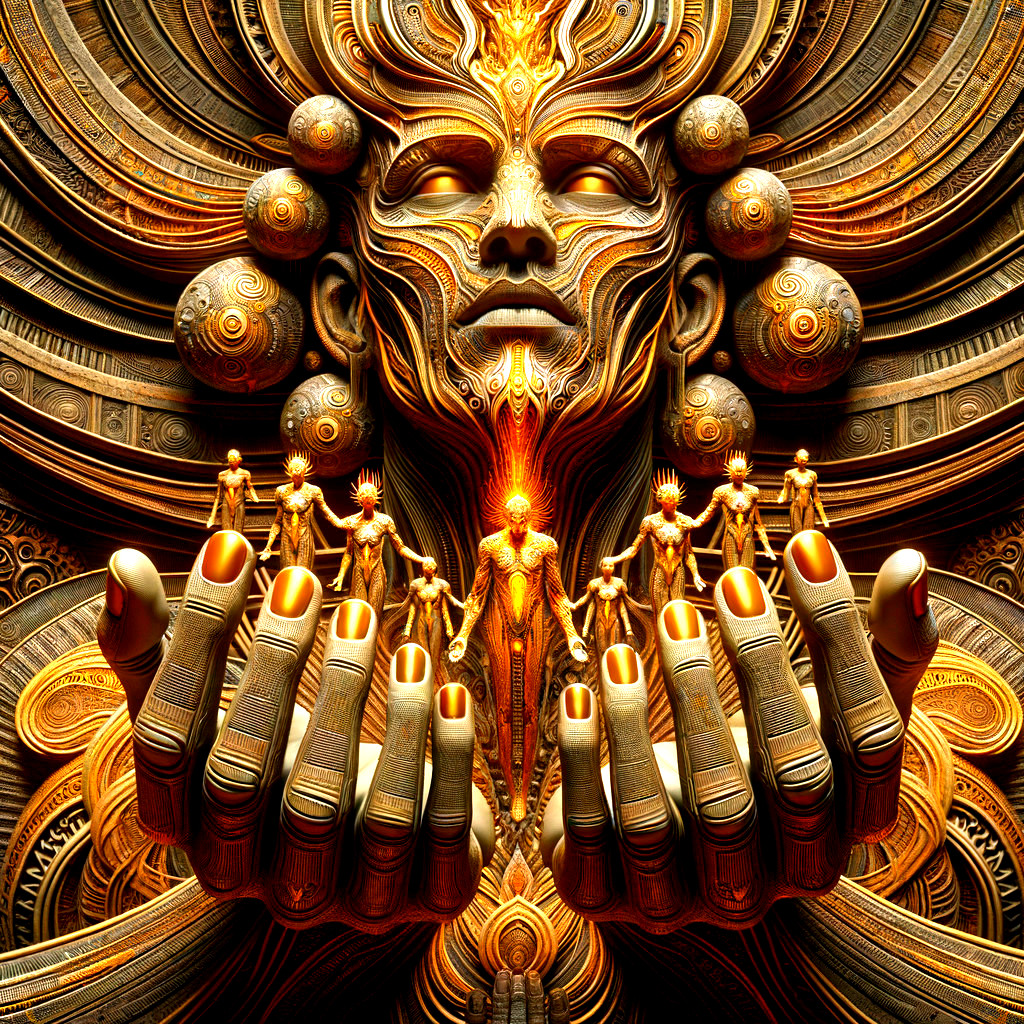 Golden Deity Figure with Humanoids and Ornate Background