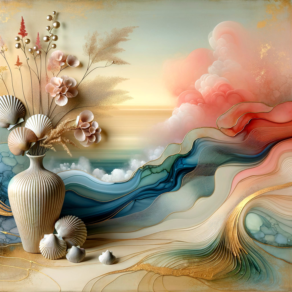 Abstract Scene with Vase, Flowers, and Coastal Waves