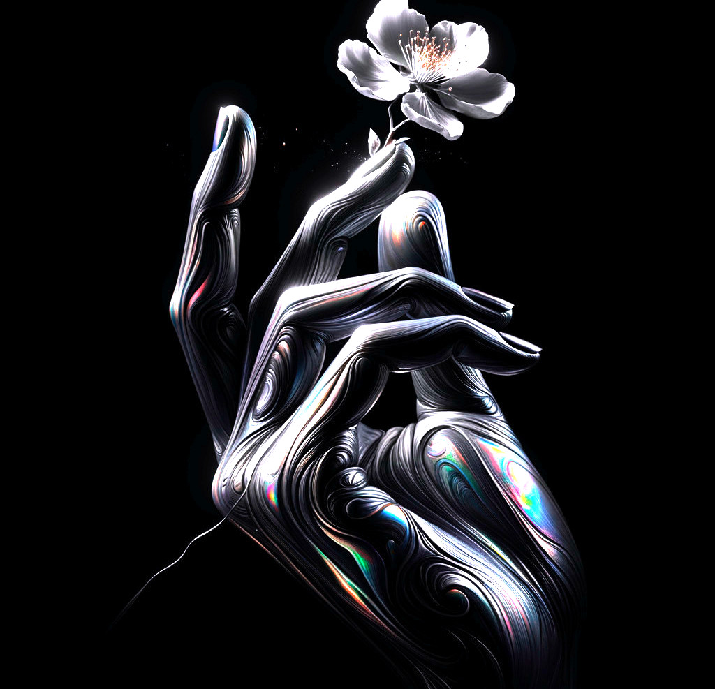 Metallic Hand Holding Delicate White Flower Contrast