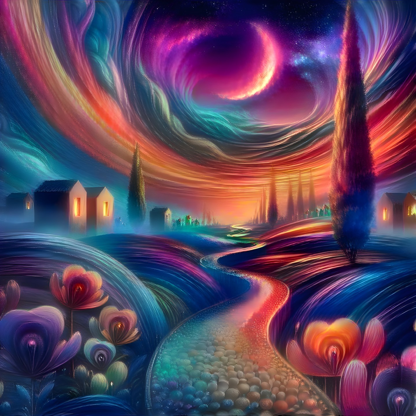 Surreal Landscape with Colorful Clouds and Moonlight