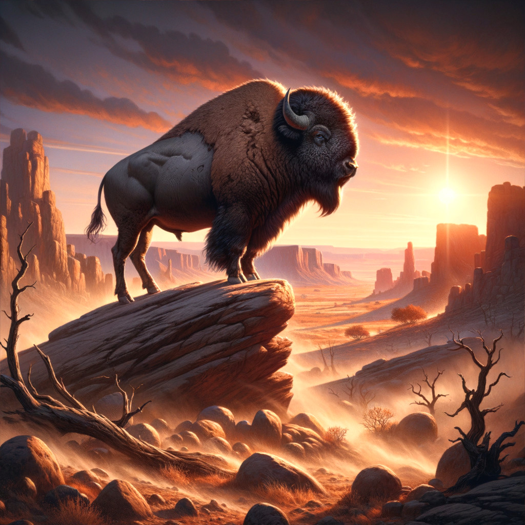 Bison Silhouetted Against Desert Sunset Landscape