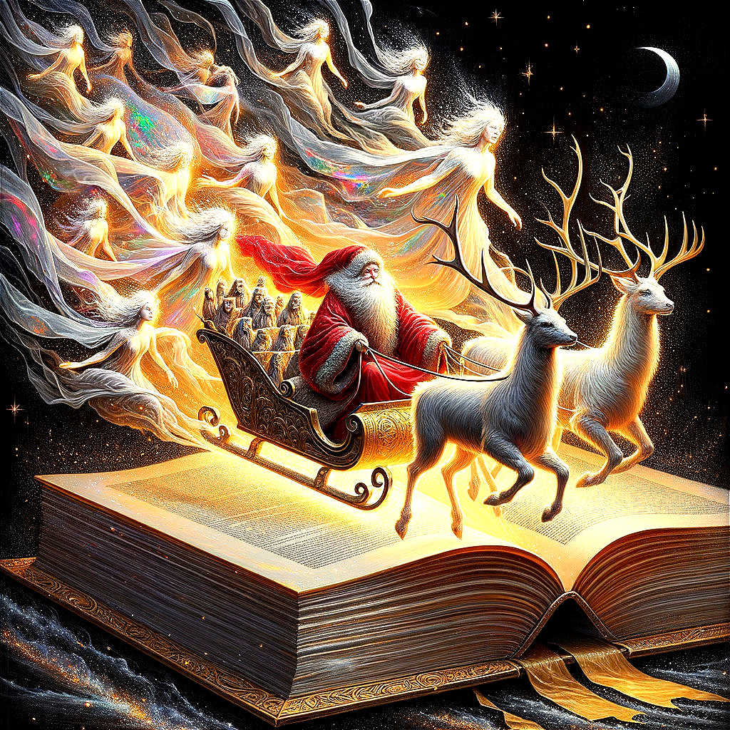 Santa Claus in ornate sleigh with reindeer and spirits