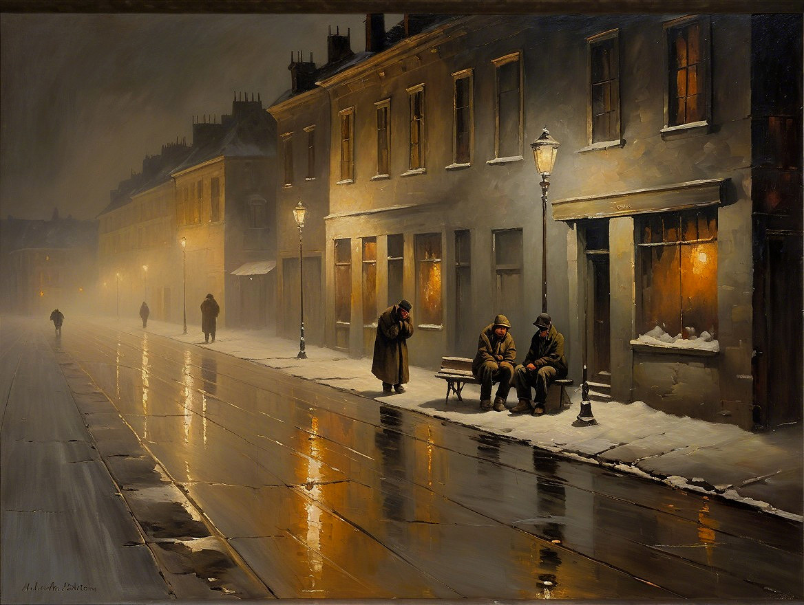 Nighttime Street Scene with Warm Lamplight and Fog