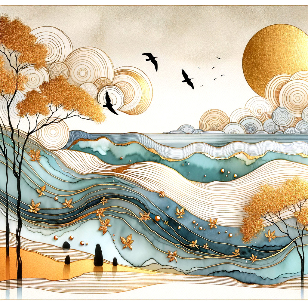 Serene Landscape with Waves, Trees, and Golden Sun