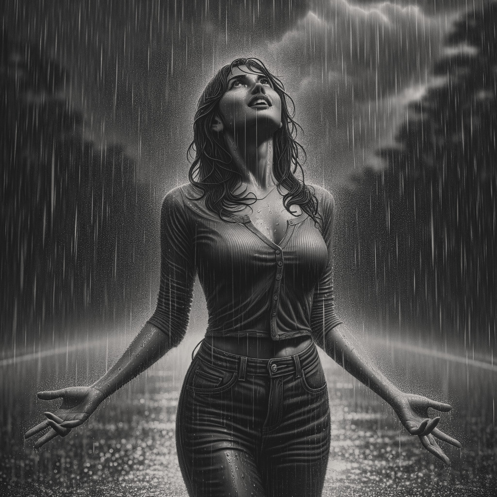 Dramatic Black-and-White Rain Scene with Woman