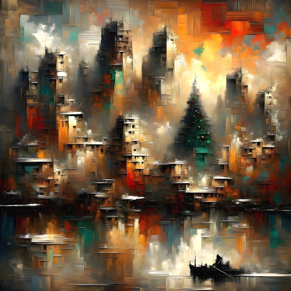 Impressionistic Christmas Cityscape with Sailboat