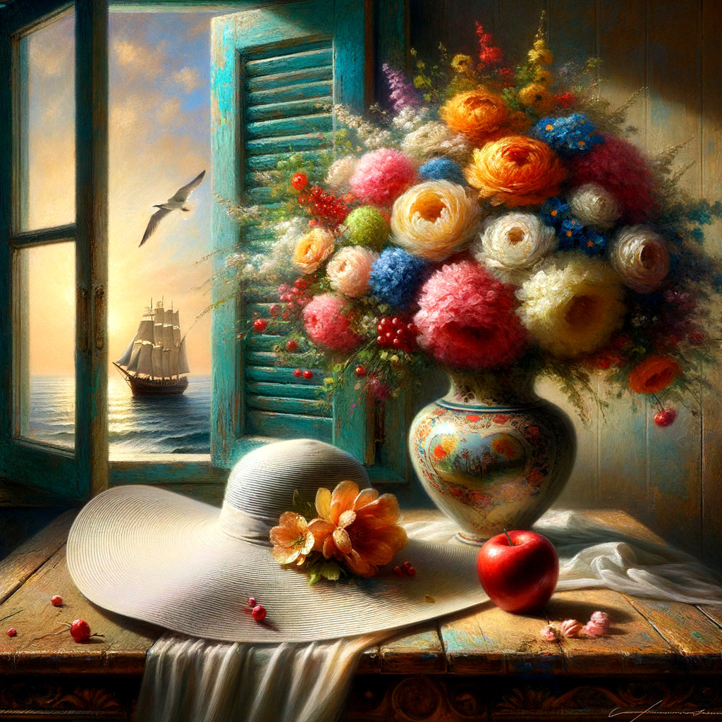 Coastal Scene with Flowers and Sailing Ship View