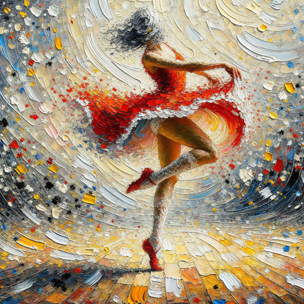 Impasto Painting of a Dancing Woman in Red Dress
