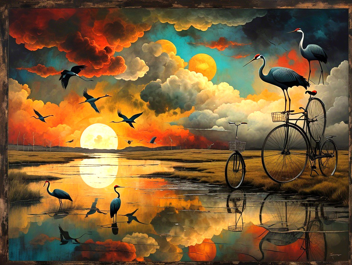 Serene landscape with sunset, cranes, and water reflections