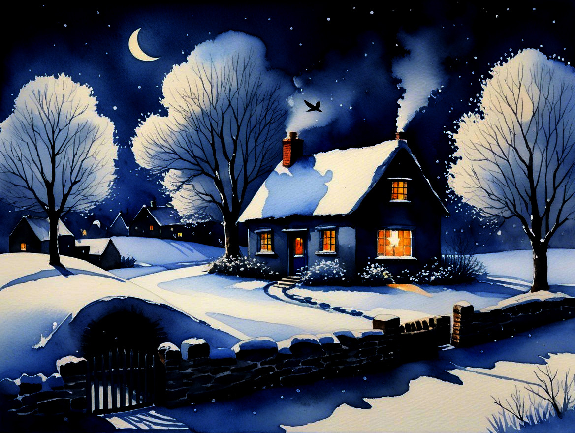 Cozy Cottage in Snowy Landscape with Moonlit Sky