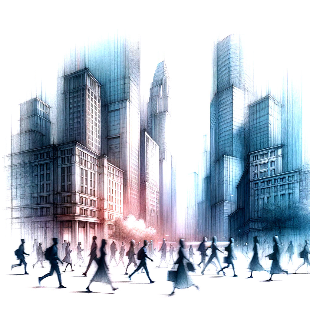 Bustling city scene with silhouettes and skyscrapers