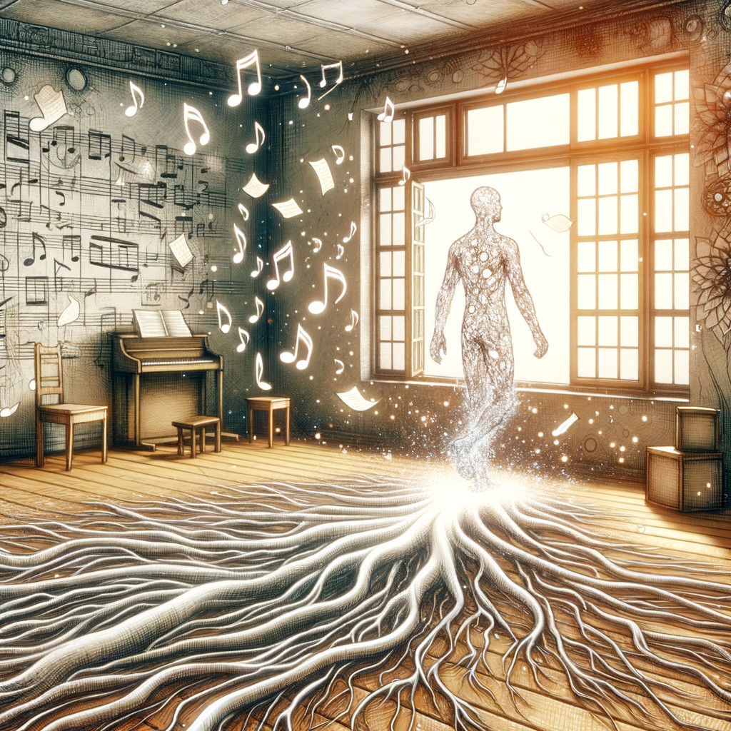 Whimsical Room with Musical Notes and Energy Figure