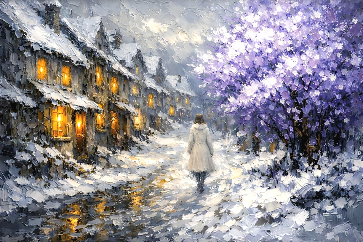 Textured Oil Painting of a Snowy Village Street