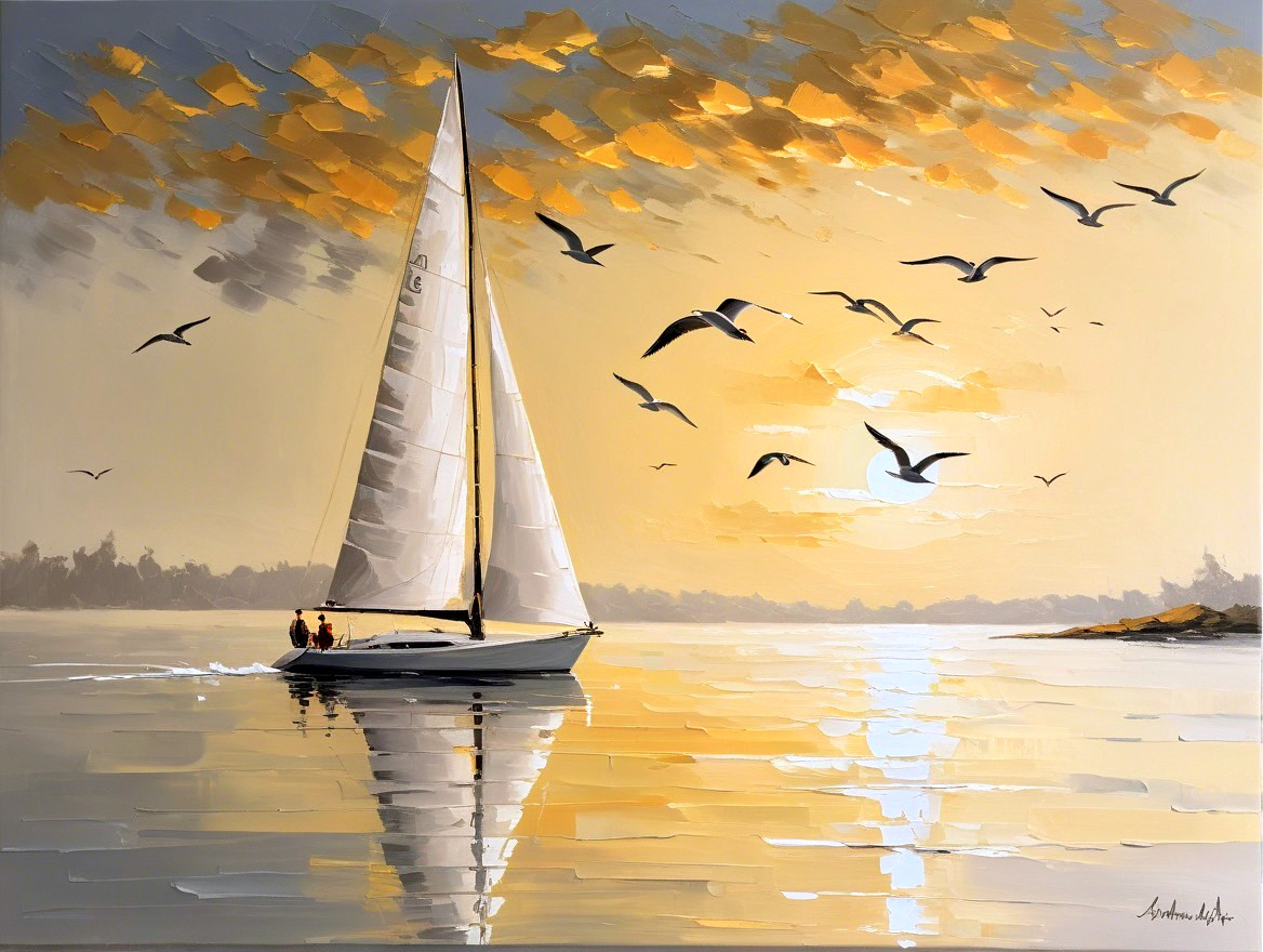 Serene Sunset with Sailboat and Seagulls Over Water