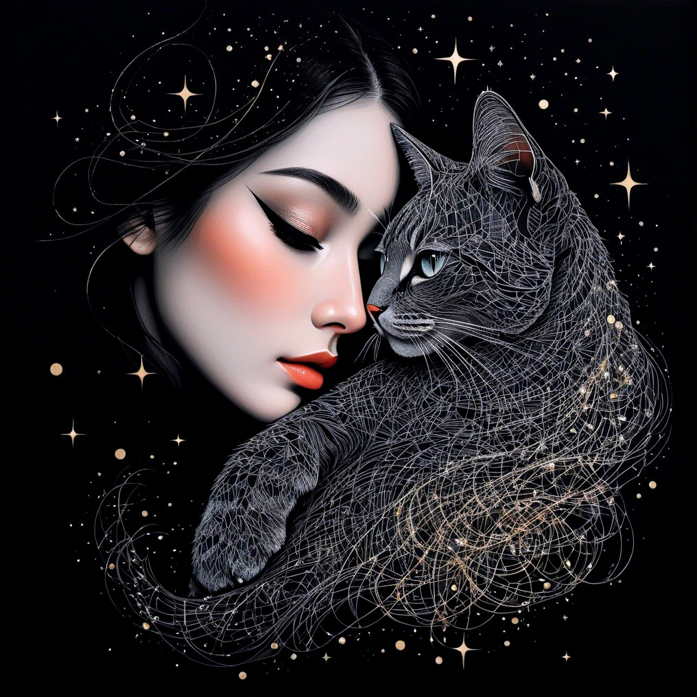 Serene Woman and Cat Intertwined in Enchanting Artwork