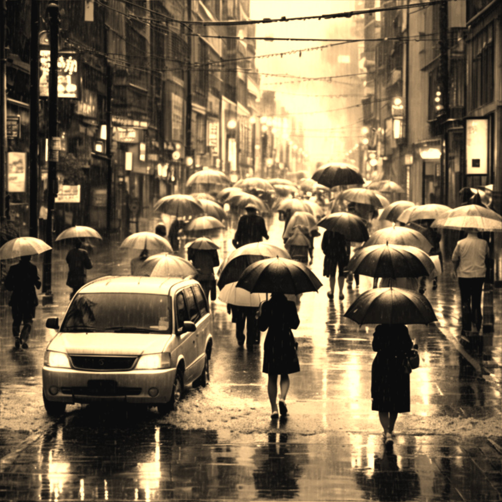City Street in Rain with Umbrellas and Sepia Tone