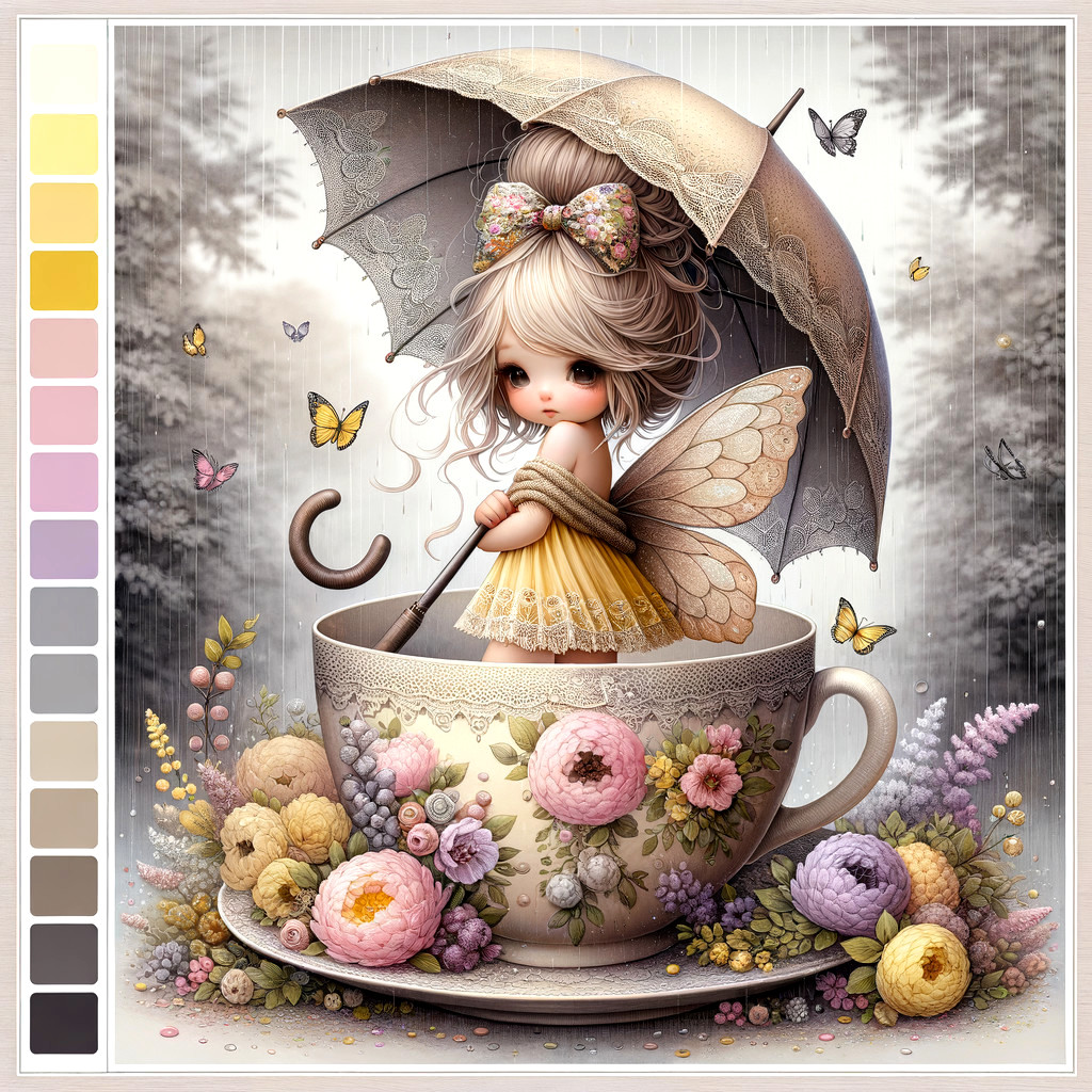 Charming Girl with Butterfly Wings in Teacup Scene