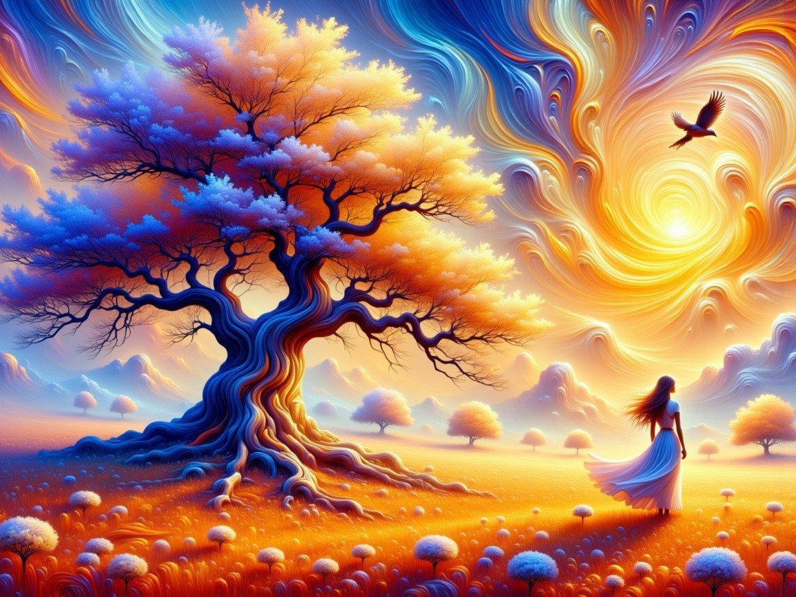 Surreal Landscape with Twisting Tree and Flowing Figure