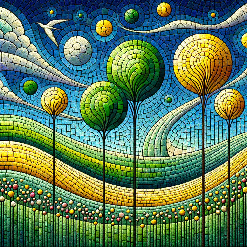 Vibrant Mosaic Landscape with Stylized Trees and Planets