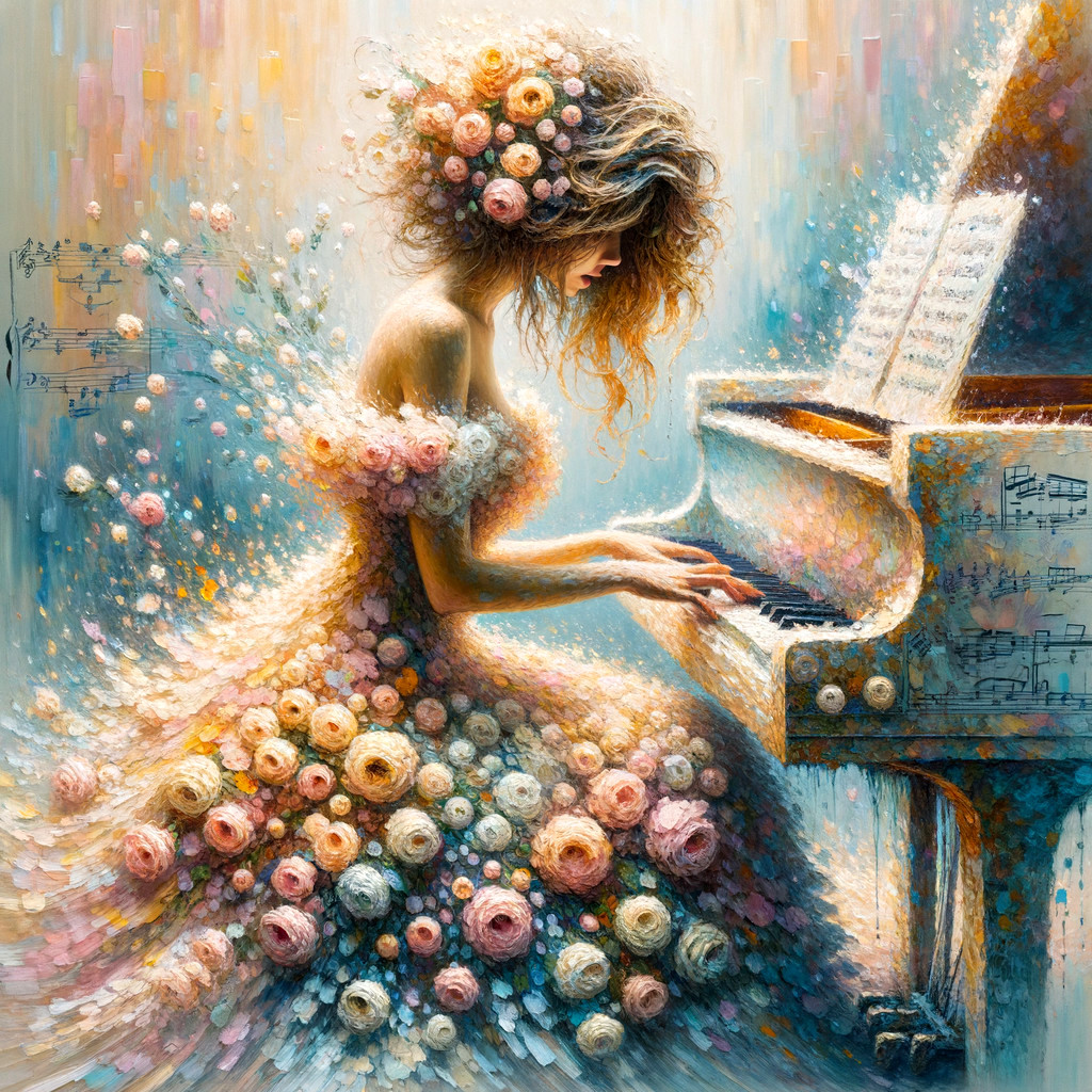 Whimsical Scene of a Woman Playing Piano in Flowers
