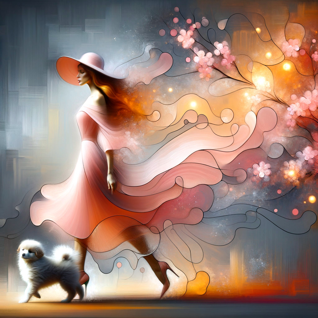 Graceful woman in pink dress with white dog and blossoms