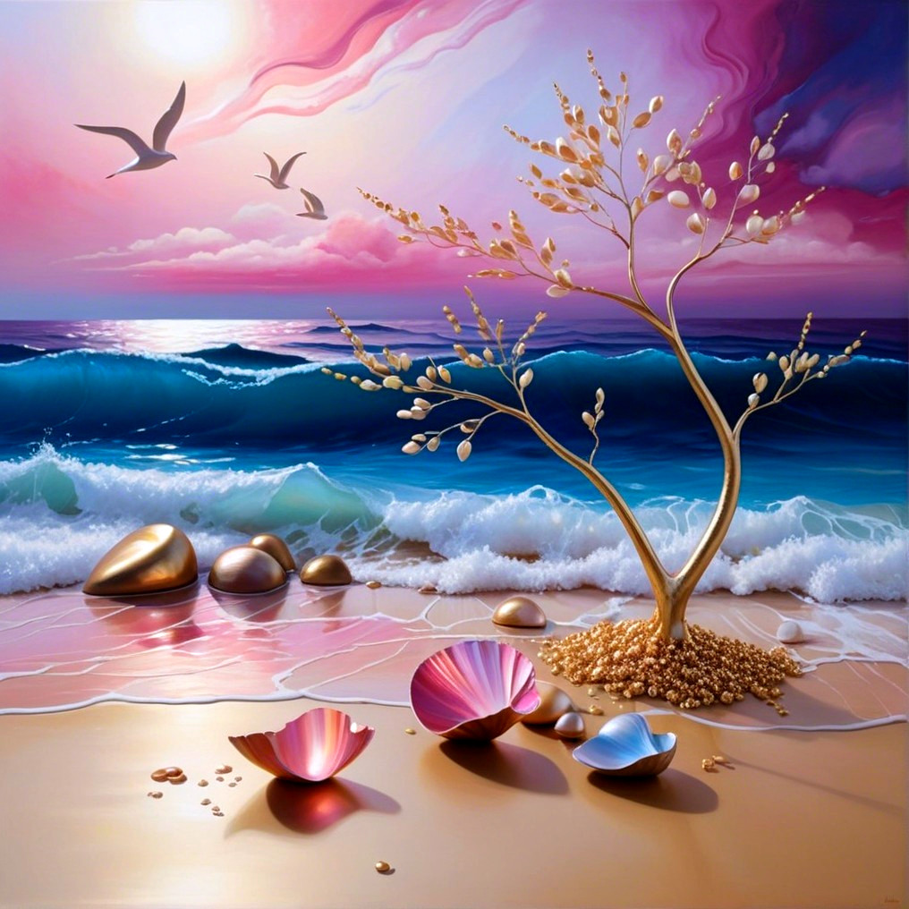 Surreal Beach Scene with Golden Tree and Pastel Skies