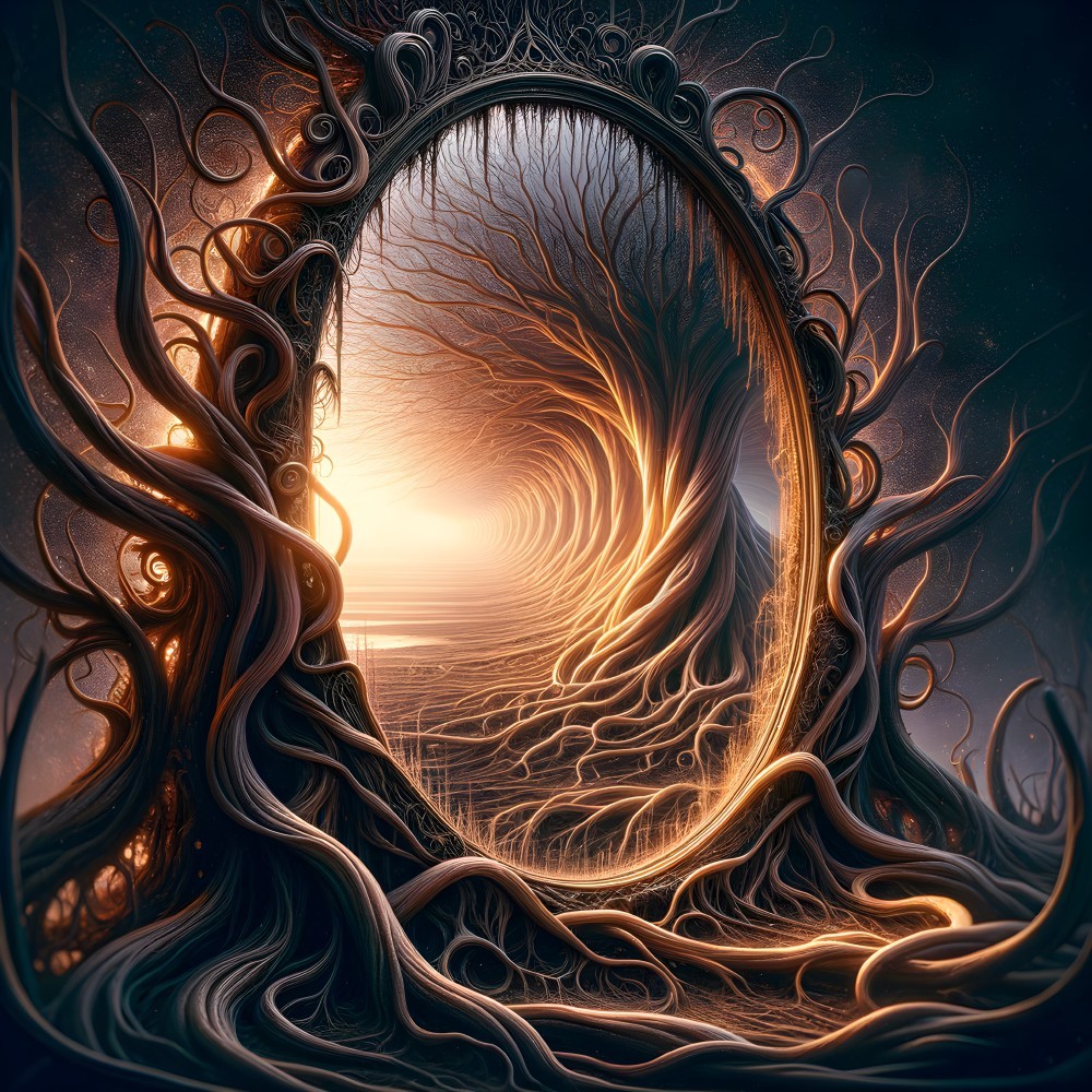 Surreal Scene with Ornate Mirror and Twisting Roots