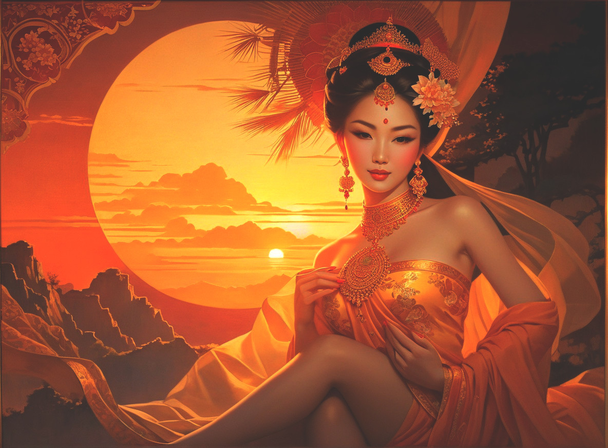 Serene Figure in Orange Attire Against Sunset Background