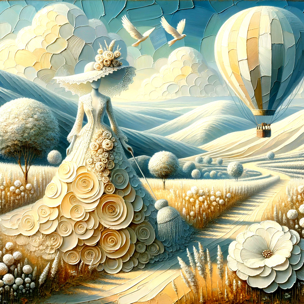 Whimsical Scene of a Woman in a Floral Gown