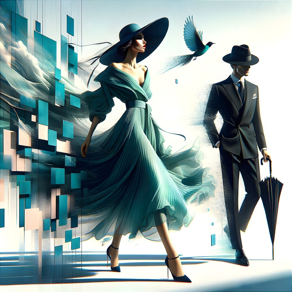 Elegant Woman and Man in Stylish Attire with Abstract Background