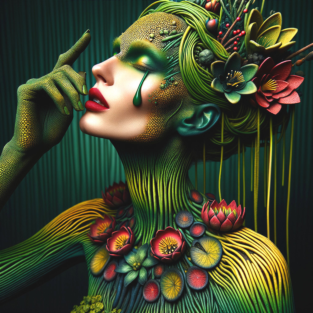 Portrait of a woman with vibrant body paint and flowers